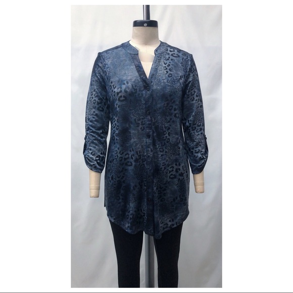 Chico's Blue Snake Print Roll Tab Blouse - Picture 2 of 14